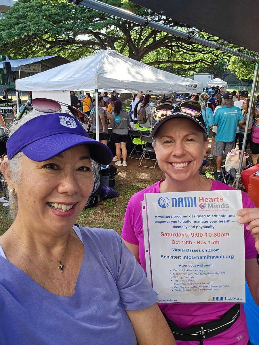 solution_leader's tweet photo. This past Saturday, @RobinStueber &amp; I participated in #HawaiiNAMI Walks 2025! It was great meeting people interested in our next round of NAMI Hearts+Minds free, online 5 Saturdays course between 9 AM HST - 10:30 AM HST that starts Oct. 18th! Register at info@hawaiinami.org #NAMI https://t.co/JNXKbJQJLY