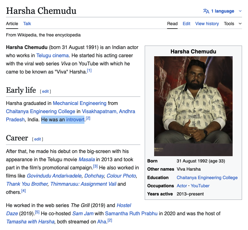 vivekraju93's tweet image. The only 2 things you need to know about Viva Harsha's early life. Where he did engineering, and that he was an introvert (now he's not) 😂