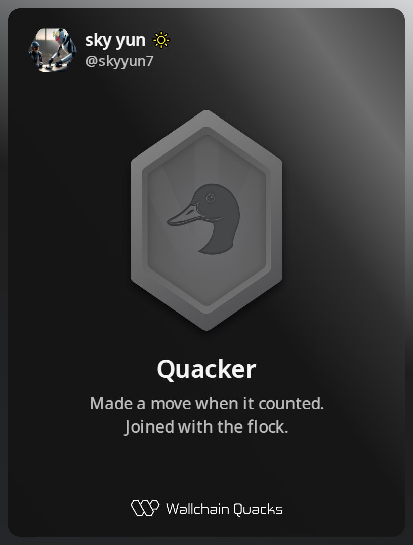 Just unlocked the Quacker on @wallchain_xyz 🏆

How cool is that?

Feels great to have my contributions recognized.

How’s Wallchain Quacks been treating you so far?

Not on board yet? Drop a comment for an invite 👇🦆