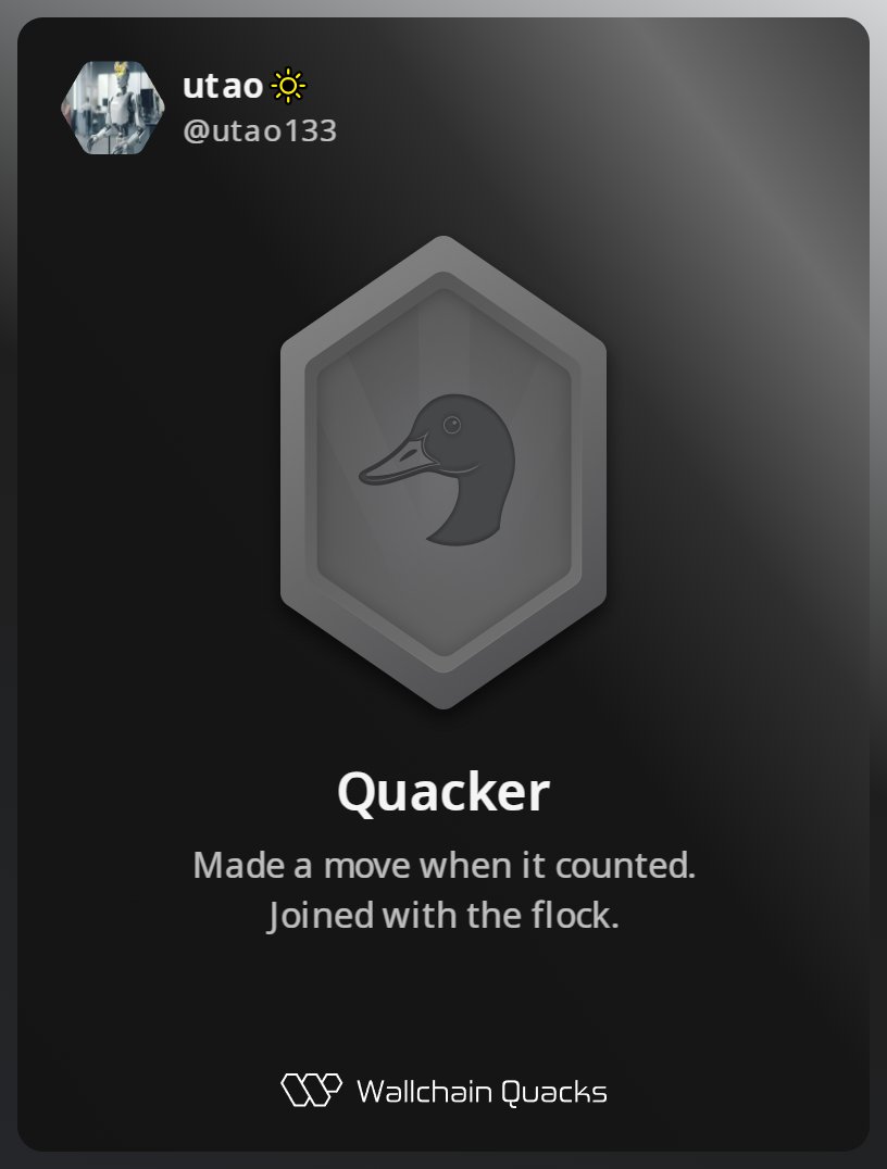 utao133's tweet photo. Just unlocked the Quacker on @wallchain_xyz 🏆

How cool is that?

Feels great to have my contributions recognized.

How’s Wallchain Quacks been treating you so far?

Not on board yet? Drop a comment for an invite 👇🦆 https://t.co/L1u6IFyks5