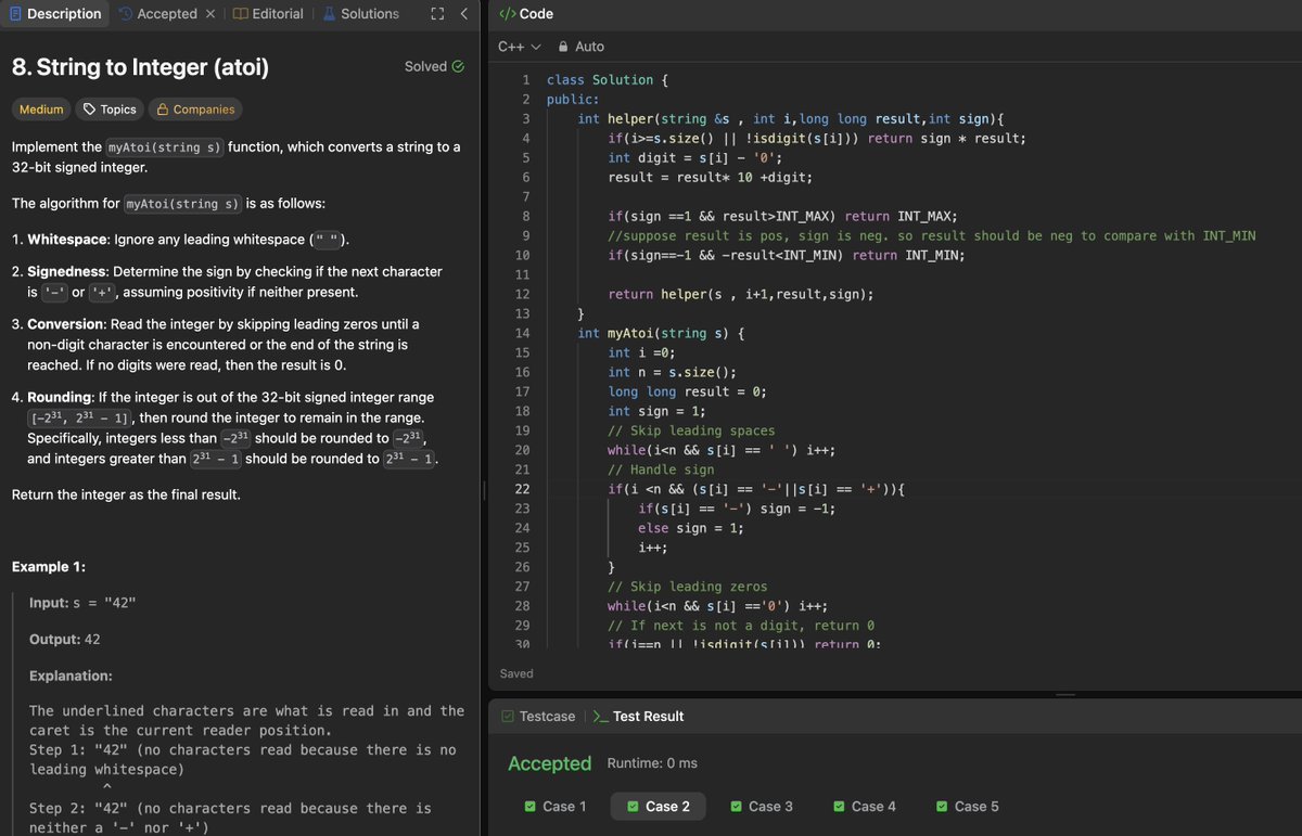 Rohan_269's tweet image. Day 68/200: “String to Integer (atoi)” 🔢
Solved using a recursive approach in C++, handling signs, leading zeros, and integer overflow.
Really enjoyed seeing recursion build the number step by step!
⚡
#200DaysOfCode #LeetCode #Day68 #CodingChallenge #strivers #A2ZDsa
