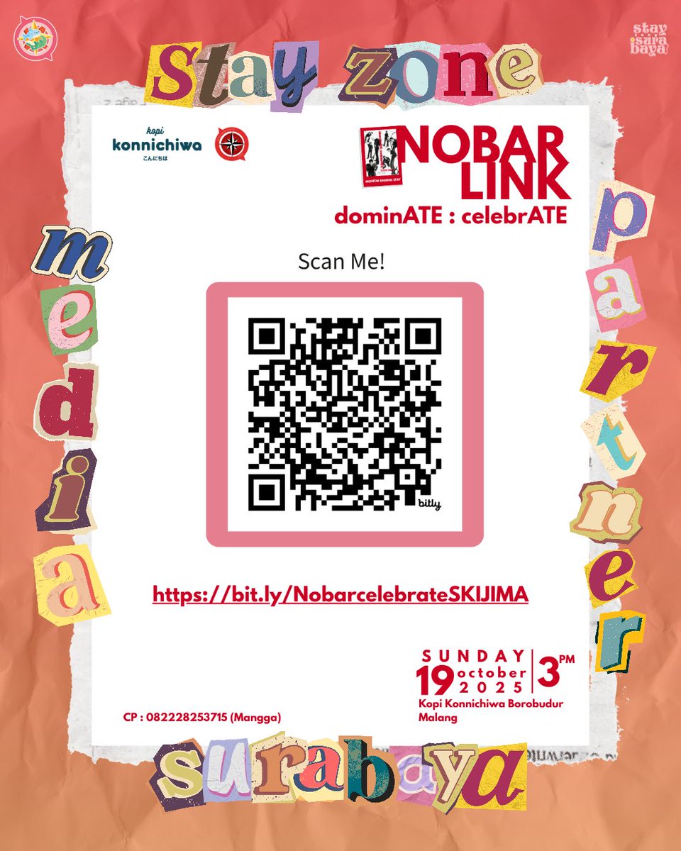 🥇 STAY NoBar Stray Kids dominATE : celebrATE Tour 🥇

Hello, STAY in Malang and surronding area's. 

📍Kopi Konnichiwa Borobudur Malang
📆 19 Oktober 2025
🕔 3.00 PM - End

Inc : FnB, SKZoo Fanmade Blind Box, etc ✨

WA : 082228253715 (Mangga)

Link : bit.ly/Nobarcelebrate…