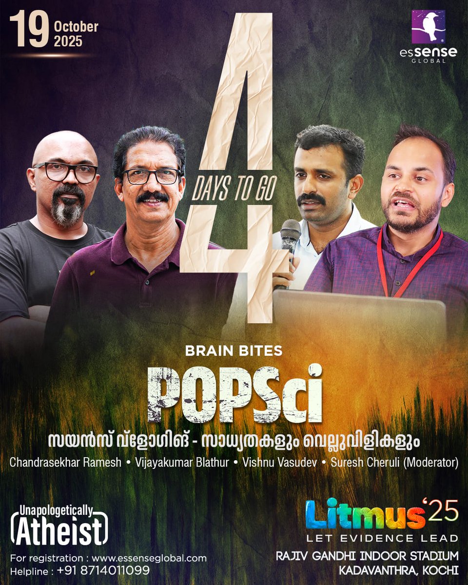 RavichandranC1's tweet photo. 4 Days to go...
Litmus 25
#Unapologetically_Atheist
19th OCTOBER 2025
Rajiv Gandhi Indoor Stadium, Kadavanthra Kochi
🎟️ https://t.co/ulfC9HzhpM
#Litmus25 #UnapologeticallyAtheist #October19 #LetevidenceLead https://t.co/59QeKtb3jn