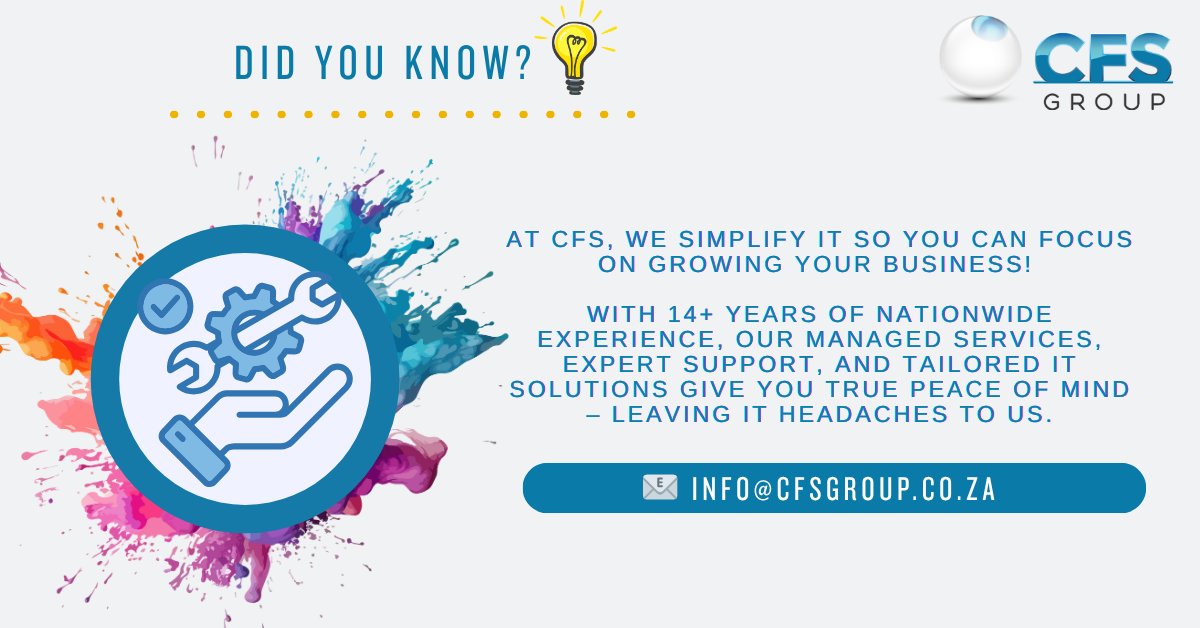 cfs_software's tweet image. 💡 Did You Know?
CFS simplifies IT so you can focus on growing your business!
With 14+ years of experience, we deliver managed services, expert support &amp;amp; tailored IT solutions — minus the headaches.
#CFS #ITSupport #ManagedServices #BusinessGrowth