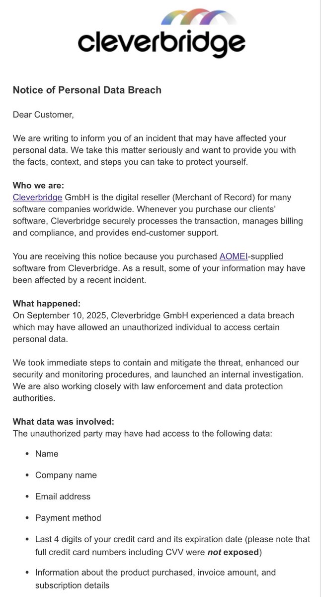 troyhunt's tweet image. Data breach at @cleverbridge, including partial credit card data:
