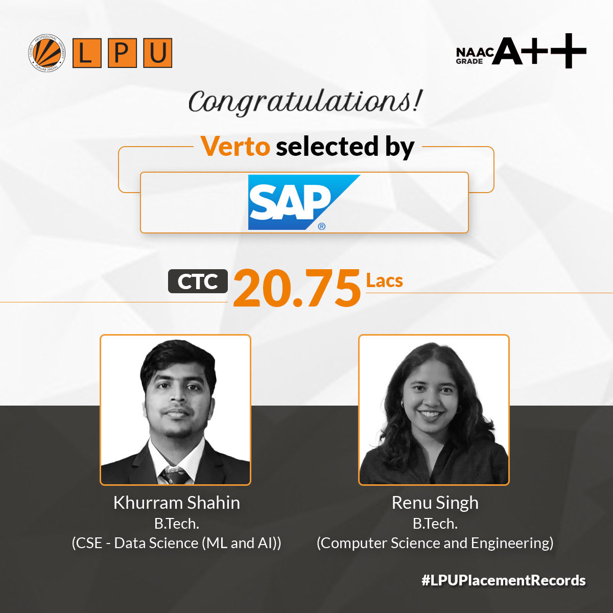 lpuuniversity's tweet image. LPU engineering students Khurram Shahin and Renu Singh have bagged a prestigious offer from SAP with impressive CTC of 20.75 Lakhs per annun. Let&apos;s congratulate our #ProudVertos on building an outstanding career!
#LPUPlacements #EngineeringAtLPU #EduRevolution