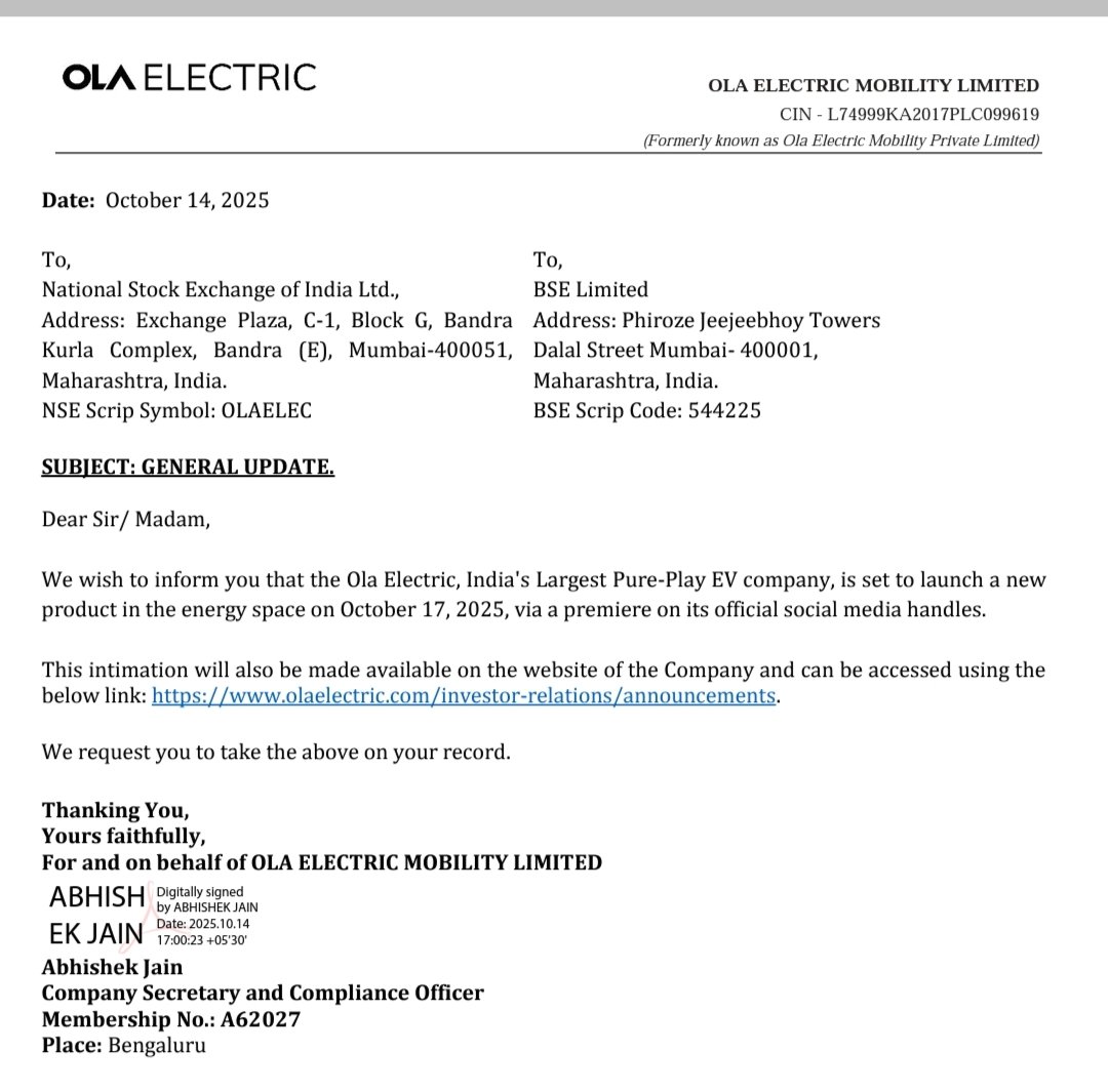 thekripalsahu's tweet image. #OlaElec buzzing in trade, to launch new product in energy segment on Oct 17.
#Stock