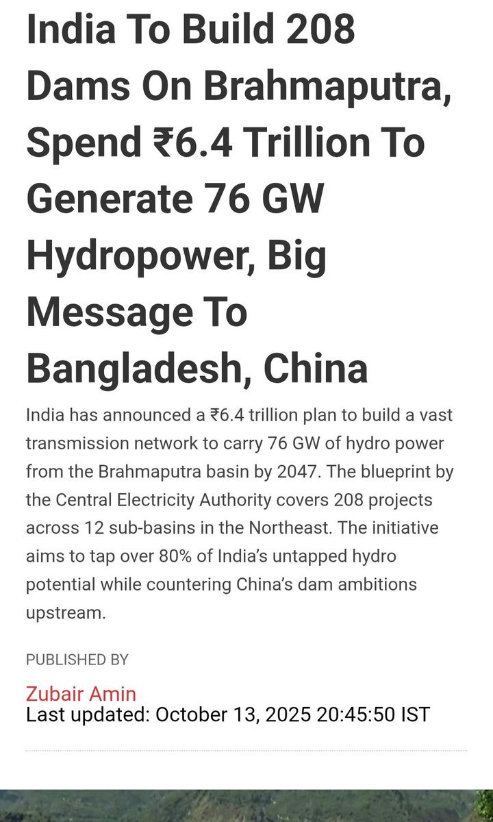 India plans a ₹6.4 trillion investment to build 208 hydro projects in the Brahmaputra basin by 2047, countering China's dam strategy. But where is the study on downstream impact? Looks like madness. Assam is doomed. <a href="/GauravGogoiAsm/">Gaurav Gogoi</a> must debate the issue.