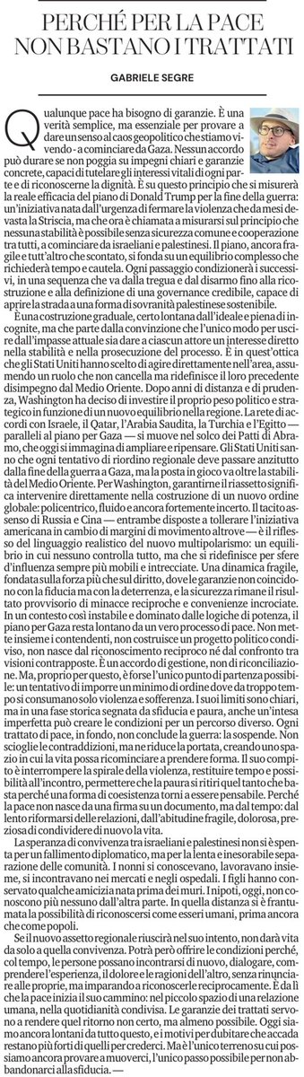 No #truce can last without guarantees.
My commentary on Trump’s plan for #Gaza. I write on this in my piece published this morning on <a href="/LaStampa/">La Stampa</a>.