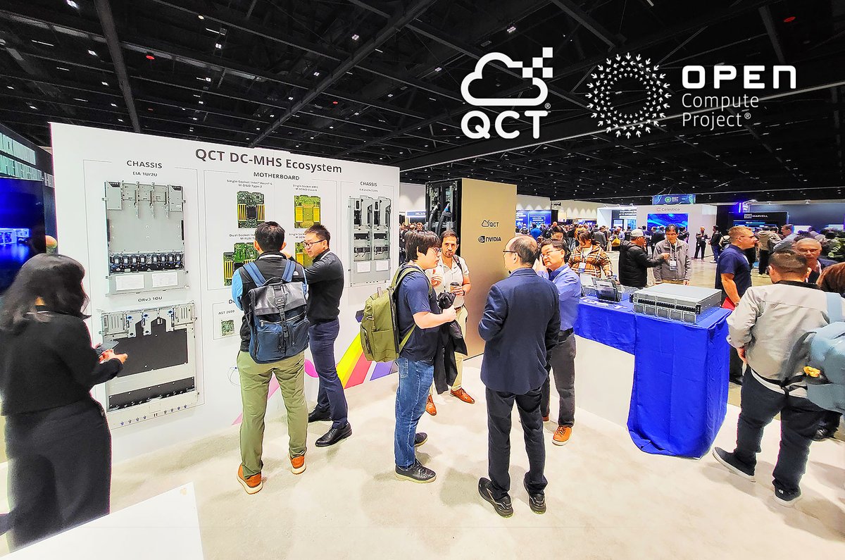 QuantaQCT's tweet image. Day 1 of #OCPSummit25 exhibition flew by in cheerful vibes! 
We’ll be here for two more days, so plan your time to stop by and see for yourself the latest @QuantaQCT servers compatible with DC-MHS, NVIDIA MGX and NVIDIA HGX standards to drive modular AI excellence! 📍Booth #A41