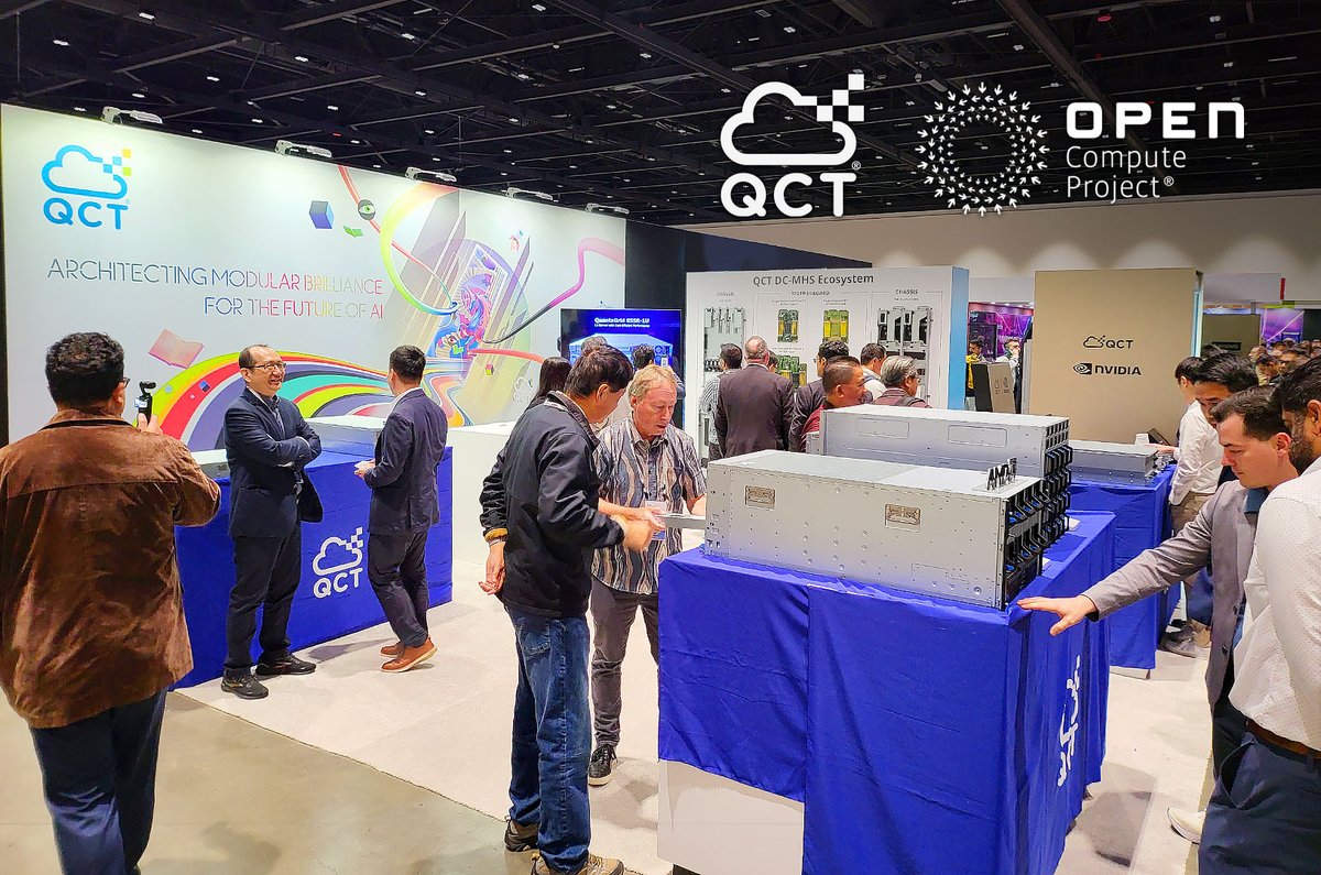 QuantaQCT's tweet image. Day 1 of #OCPSummit25 exhibition flew by in cheerful vibes! 
We’ll be here for two more days, so plan your time to stop by and see for yourself the latest @QuantaQCT servers compatible with DC-MHS, NVIDIA MGX and NVIDIA HGX standards to drive modular AI excellence! 📍Booth #A41