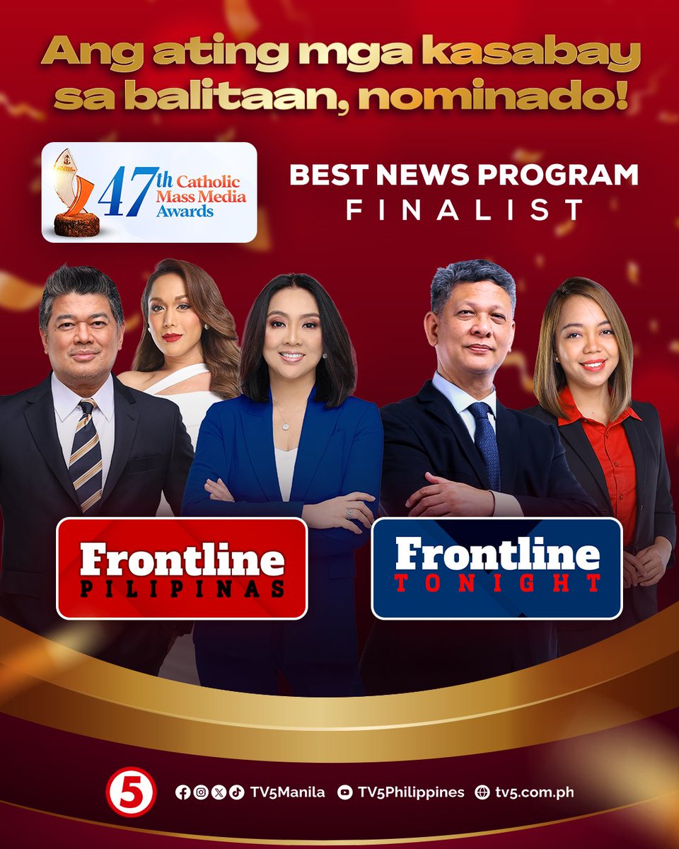 TV5manila's tweet photo. Pasok bilang finalist ang #FrontlinePilipinas at #FrontlineTonight sa kategoryang BEST NEWS PROGRAM sa 47th Catholic Mass Media Awards!
Ito ay dahil sa walang sawa ninyong suporta, mga Kapatid! 🤩
#47thCMMA https://t.co/o5oHtSXnZt