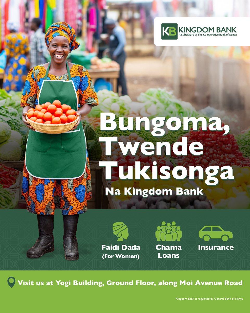 Kingdom Bank Bungoma Branch is here to empower women entrepreneurs. From Bungoma Town to Chwele, Kimilili, Webuye East, Mt. Elgon &amp; even across Kenya, through our Faidi Dada Account. Comment Faidi Dada to learn more.​
#BungomaBranchNowOpen
#TwendeTukisongaNaKingdomBank