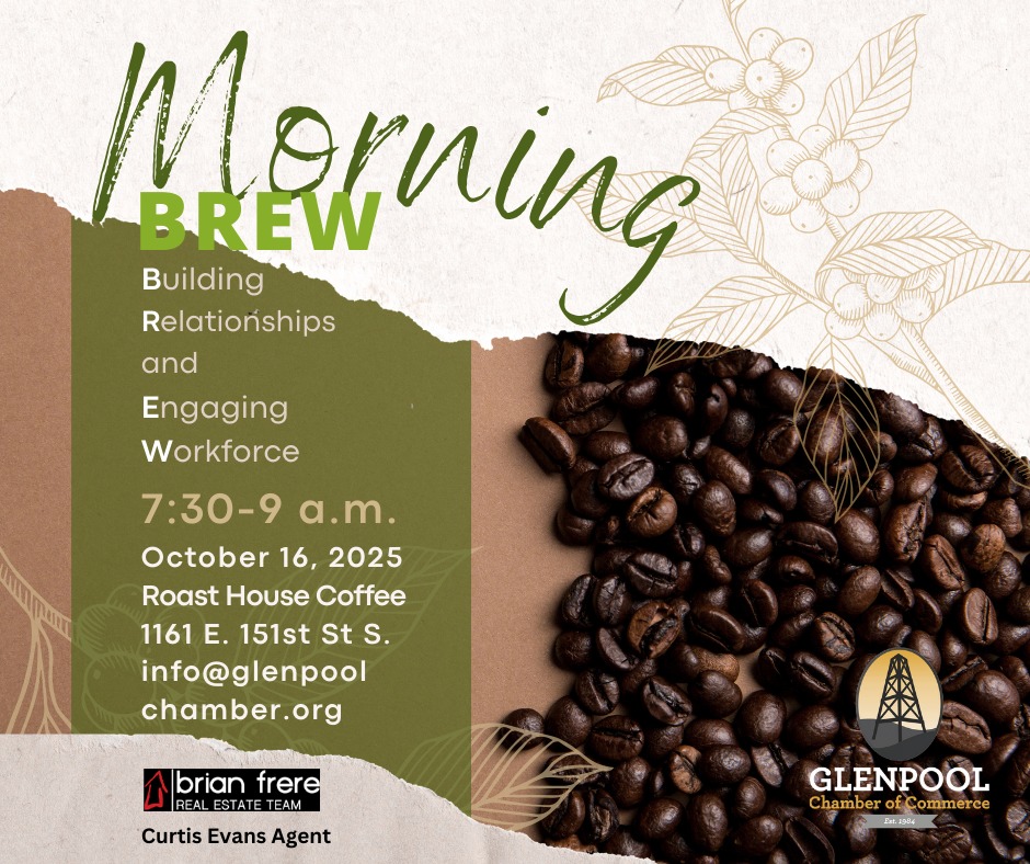 TOMORROW is Morning Brew! 
Drop in whenever you can—whether it’s for a quick hello or the full 90 minutes—and connect with Glenpool’s business leaders, Chamber members, and local go‑getters. All you need to bring is your smile…and maybe your business card.