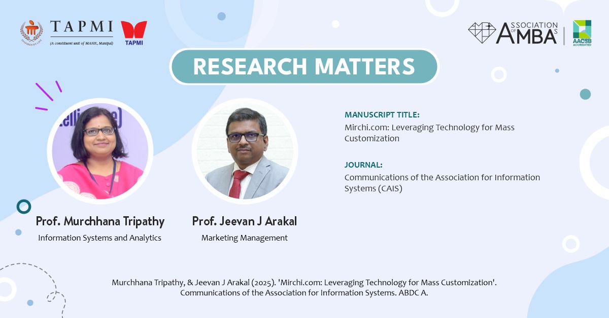 Prof. Murchhana Tripathy's and Prof. Jeevan J Arakal's research study narrates how using appropriate IT infrastructure helps Mirchi.com achieve mass customization and tap the long tail of the market. #ResearchMatters #MyTAPMI

Research Paper: tinyurl.com/2w2ymf5h