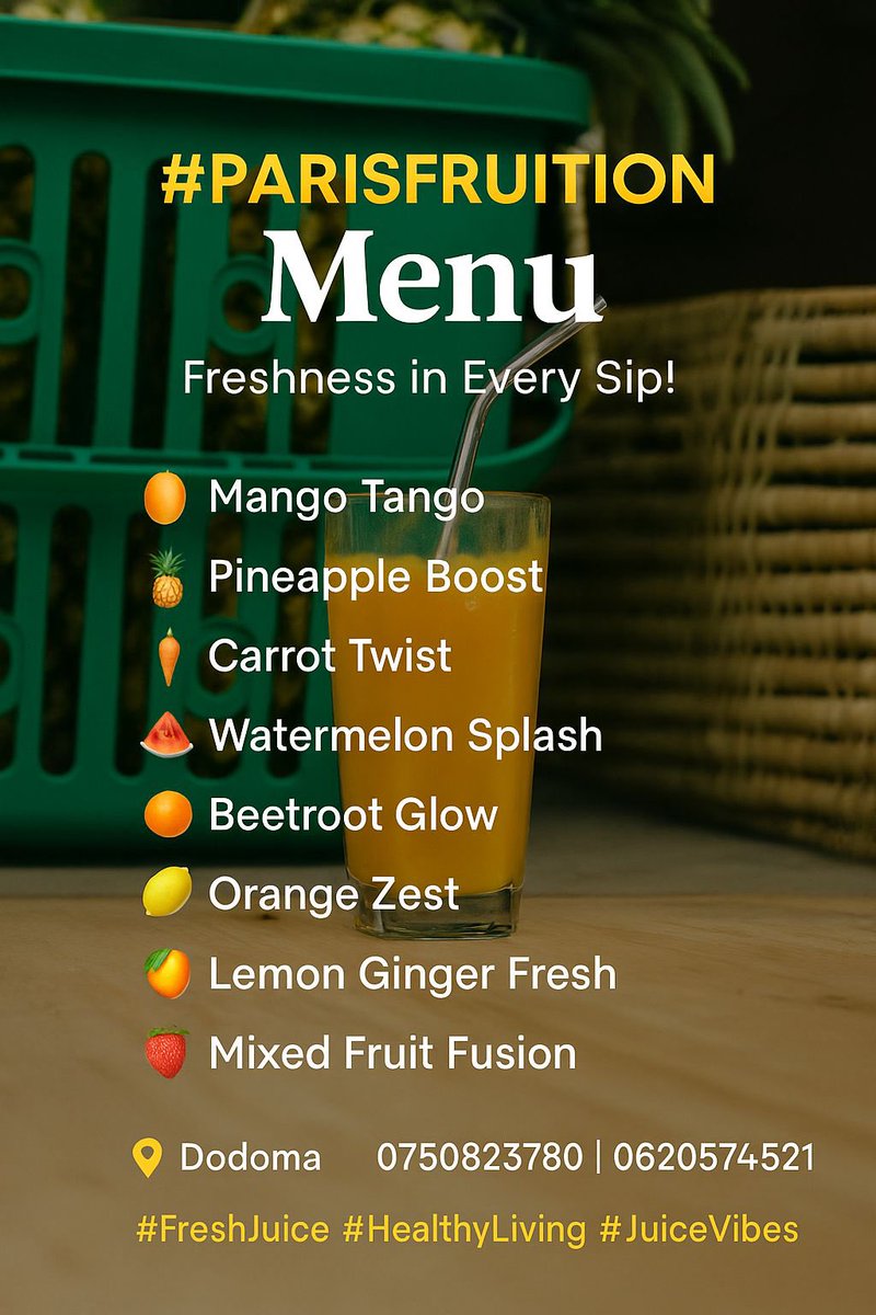 Paris_Fruition's tweet photo. πΉ #ParisFruition β Ladha Halisi ya Jumatano!
Fresh kama siku mpya!
Juice zetu 100% ni matunda safi β bila maji wala sukari π
π₯€ Embe | Passion | Nanasi | Mix | Tangawizi
π Dodoma β Railway Street
π 0620 574 521 | 0750 823 780
#JuiceBaridi #HealthySip #MidweekRefresh https://t.co/8z2BtyUtWJ