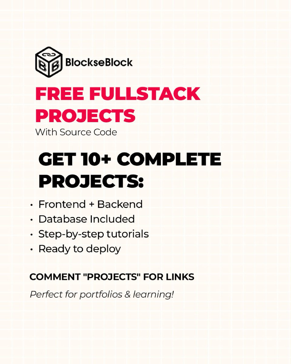 Blockhacks's tweet image. Your GitHub is more important than your resume.
But if it's just a graveyard of half-finished tutorials, you're not getting hired.
Let's fix that. 👇🧵
I’m giving away 10+ complete, portfolio-ready full-stack projects. ( 1/13 Thread👇)
- E-commerce Store (React/Node)
-…