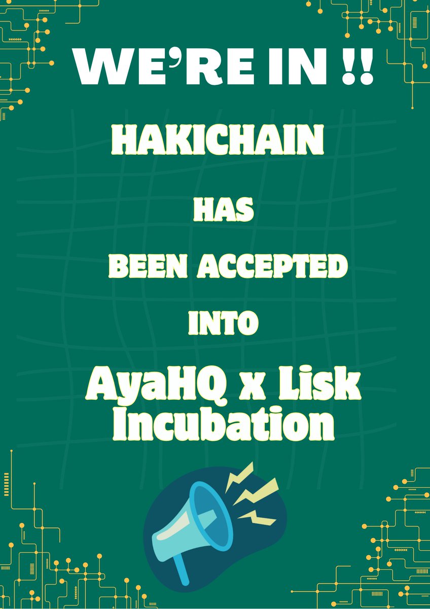 Gm Gm 🚀
Big news!!  HakiChain has been selected for <a href="/ayahq_/">AyaHQ (Techstars '23)</a> x <a href="/LiskAfrica/">Lisk Africa</a>
 <a href="/LiskHQ/">Lisk</a>  
Another bold step toward transforming legal-tech in Africa.
Let’s gooo! 🥂✨
<a href="/Alienate_B/">alienate.onchain</a>
#HakiChain #AyaHQ #justicereimagined
