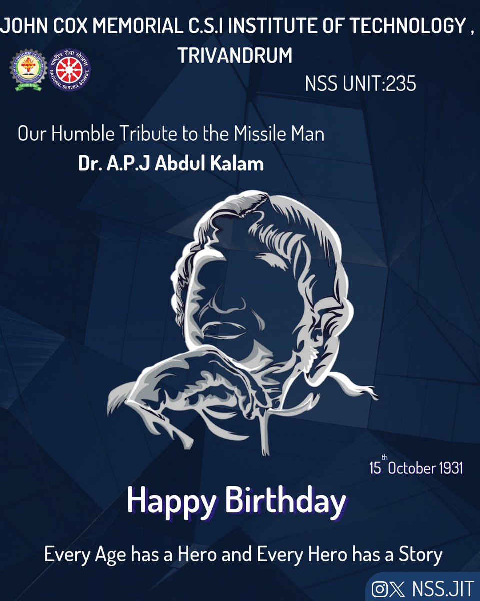 nss_jit's tweet image. Dr. A.P.J. Abdul Kalam. The People’s President, visionary scientist, and eternal inspiration. His life reminds us to dream big, work hard, and serve the nation with humility and purpose.#APJAbdulKalam #PeoplesPresident #MissileManOfIndia #LegendLivesOn #DrAPJAbdulKalam #NSS