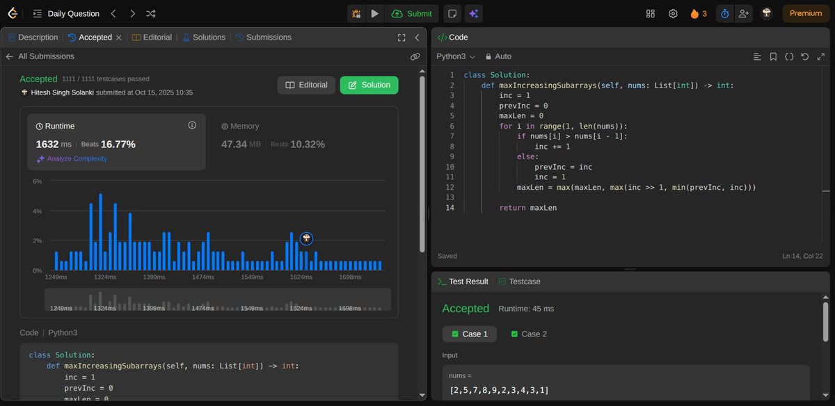 hi8esh_'s tweet image. 📅Today's LeetCode Daily: Adjacent Increasing Subarrays Detection II(Medium)
👨💻Approach:
-> Track lengths of consecutive increasing subarrays
-> Compare current & previous streaks to find maximum overlap
-> Keep updating maxLen for the best adjacent increase pattern
💡Lesson:…
