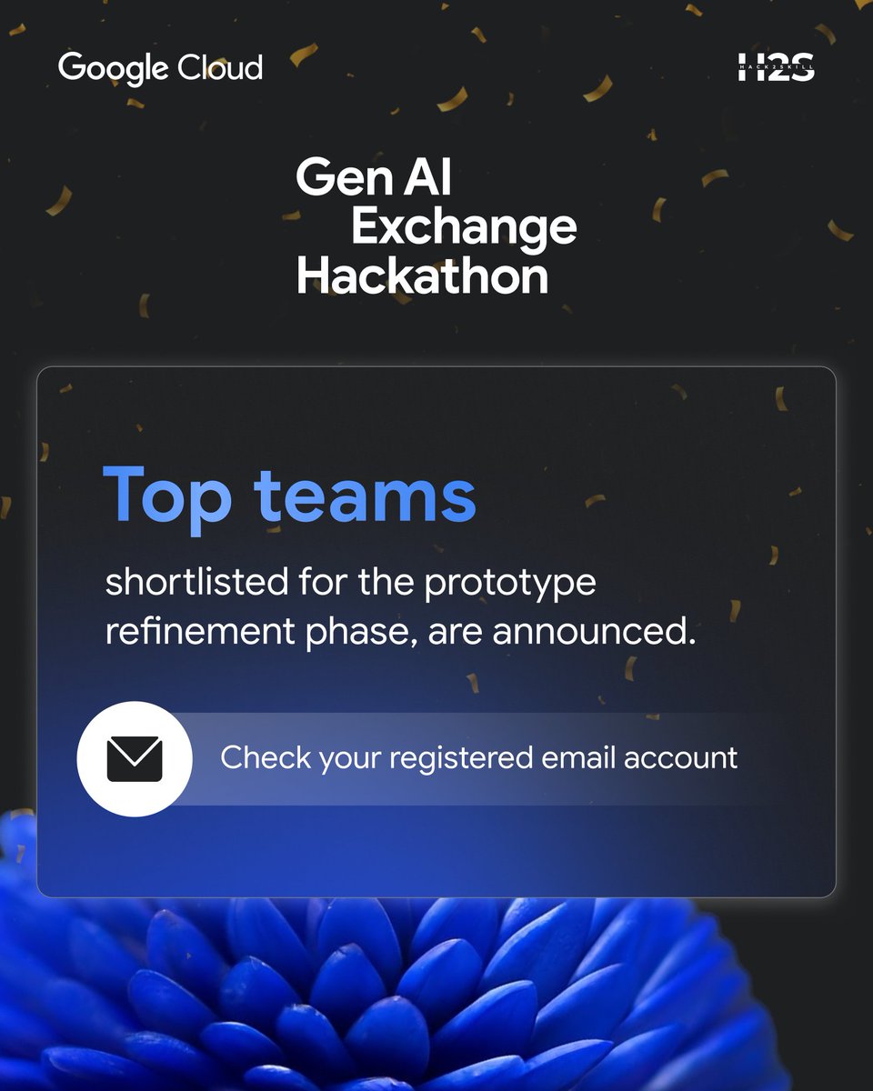 hack2skill's tweet image. The wait is over 🥁 Excited to announce the teams advancing to the Prototype Refinement Phase of the #GenAIExchange Hackathon. 🚀
➡️ Please check your registered email inbox to know the status of your prototype submission.
@googlecloud #SolveforIndia #Hack2skill