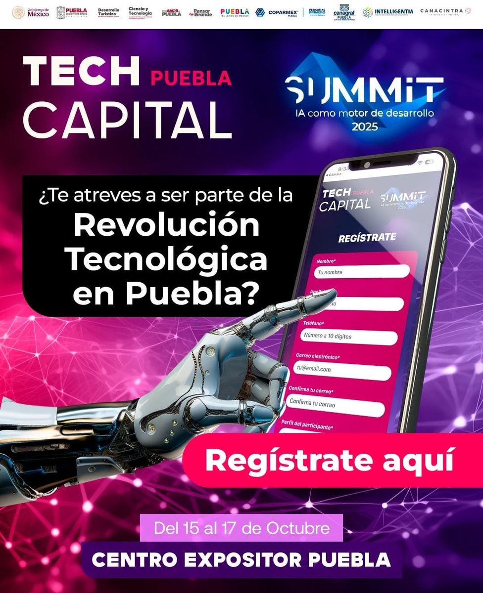 buap_fcc's tweet image. #invitaciónexterna
¡Volvemos a encender el motor de la innovación!
Del 15 al 17 de octubre, el 4to Summit de Innovación y Emprendimiento se une al Tech Capital Puebla 2025, consolidando el evento más visionario del país.