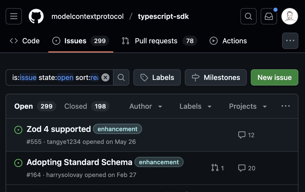 colinhacks's tweet image. TIL the official MCP TypeScript SDK still doesn't support Zod 4. it's the most upvoted issue by a wide margin, and multiple high-quality PRs have already been submitted addressing this.
if you work on the MCP SDK at @AnthropicAI DM me and let's get this figured out 🤙
