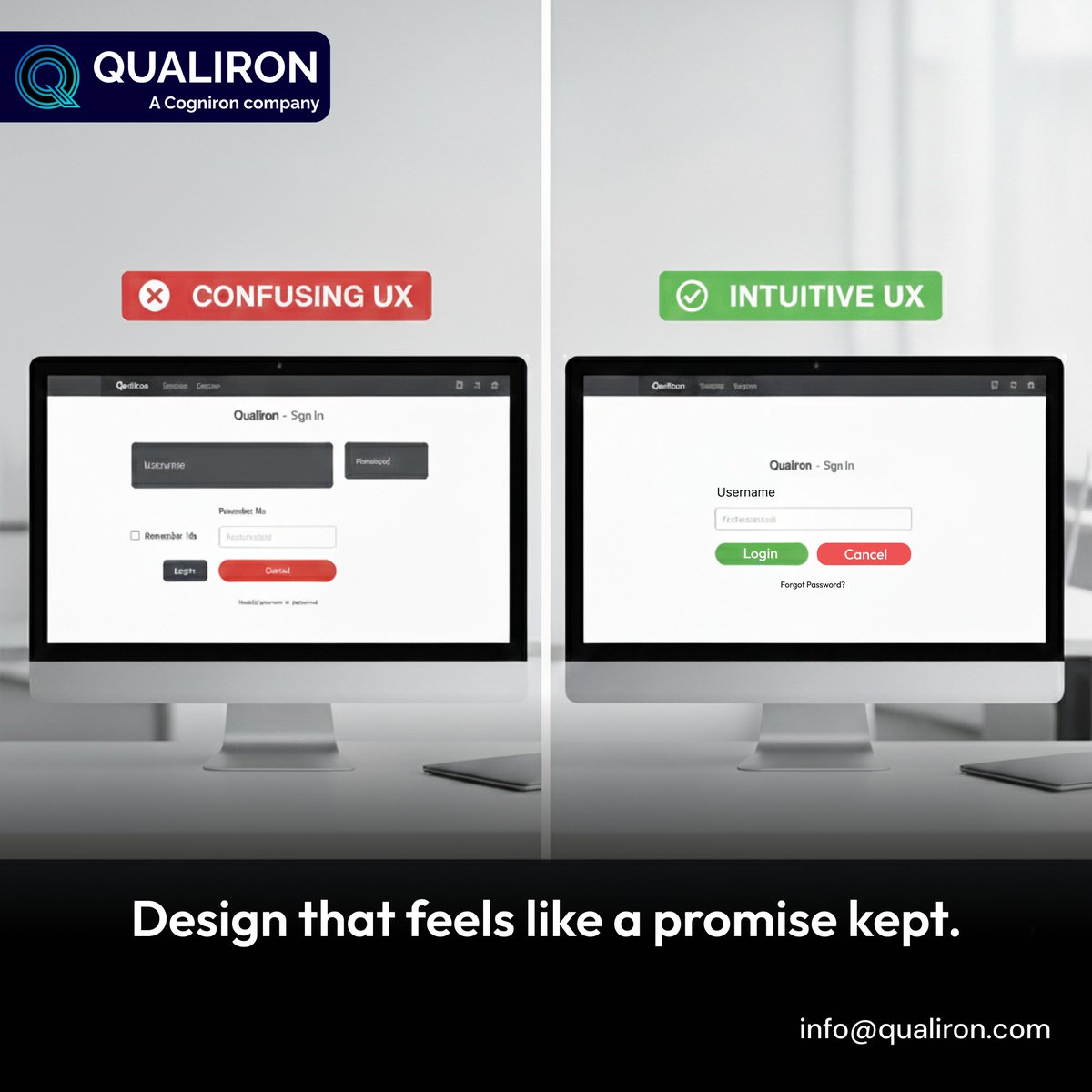 qualiron's tweet image. Users judge in seconds if a product feels trustworthy.
UX/UI Testing at Qualiron focuses on real interactions—testing visuals, navigation, usability and accessibility to ensure intuitive, consistent experiences that boost retention and brand trust.
#UXTesting #UIConsistency