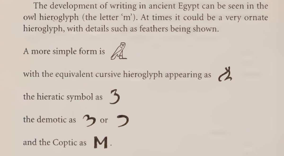 M harfinin harikulade dönüşümü:
Kullandığımız M/m harfi, Antik Mısır'da "m" sesini göstermek için kullanılan baykuş imgeli hiyeroglifin evrilmiş ve şekil değiştirmiş hali aslında:

. 
[L. Adkins, R. Adkins: The Little Book of Egyptian Hieroglyphs, Hodder &amp; Stoughton: 2001, s. 10]