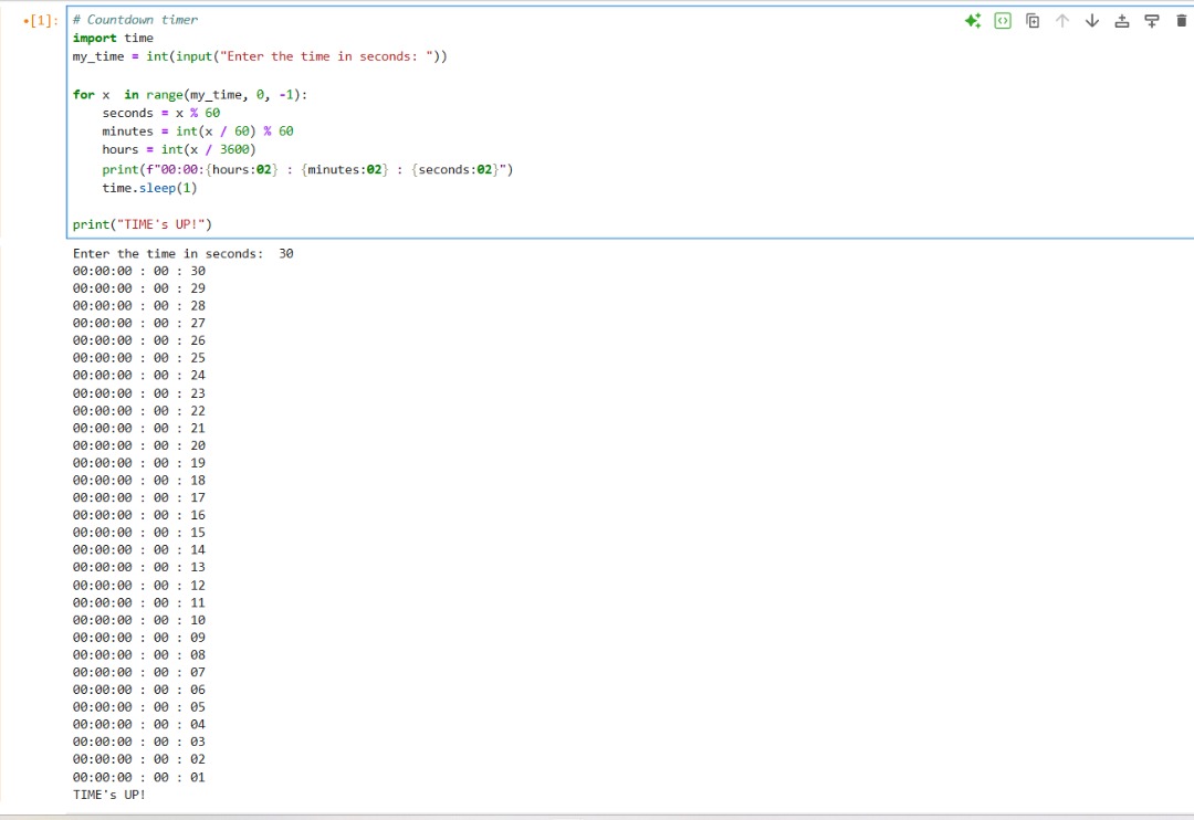 i_Am_Stroud's tweet image. Day 62 of #100DaysOfCode ⏳🐍
Built a Countdown Timer today!
Applied for loops + time.sleep() to make it run in real time ⏰
Python is fun when you see your code come alive 🚀
#Python #CodingJourney #100DaysOfCode #LearningInPublic