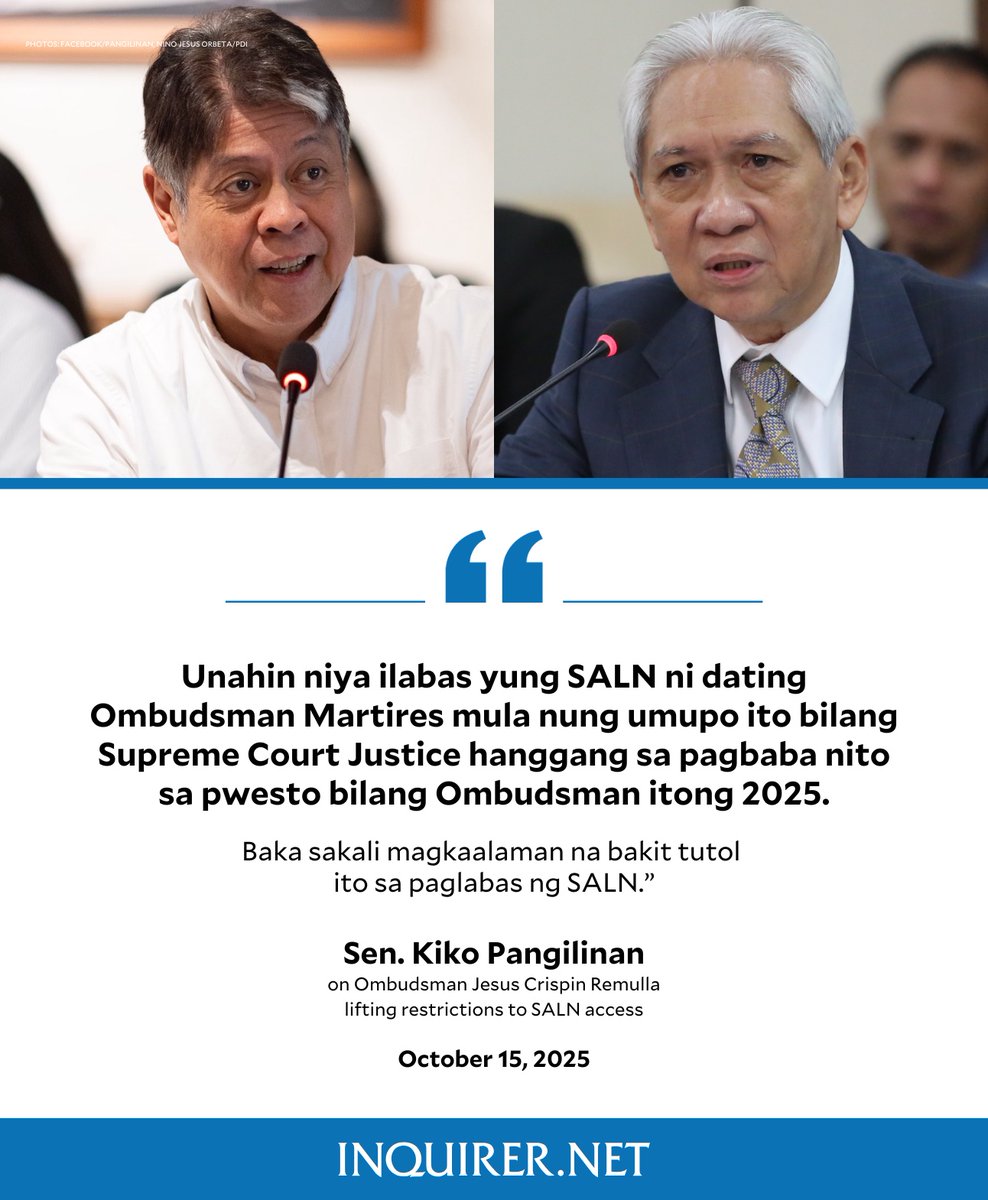 ‘UNAHIN YUNG SALN NI DATING OMBUDSMAN MARTIRES’

While supporting Ombudsman Jesus Crispin Remulla’s move to lift SALN access restrictions, Senator Kiko Pangilinan calls for the disclosure of former Ombudsman Samuel Martires’ SALNs from his time in the Supreme Court to his