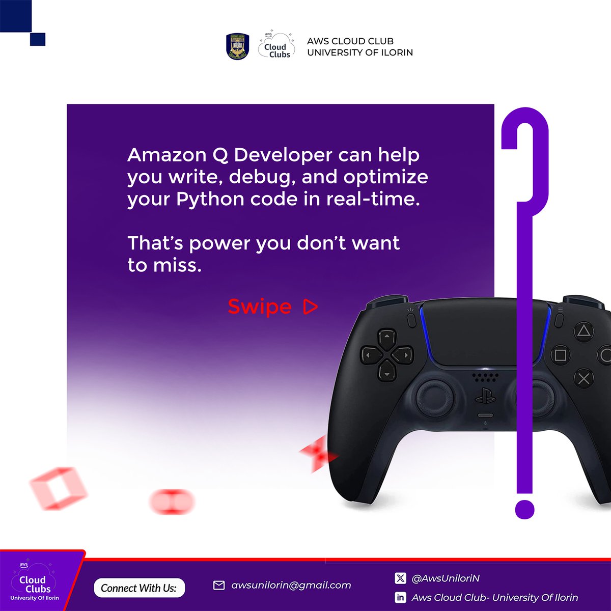 AwsUniloriN's tweet image. Did you know? 🤔
Amazon Q Developer can help you write, debug, and optimize your Python code in real time.
That’s the kind of power we’ll be exploring at our upcoming AWS Cloud Club Unilorin event. Stay tuned, you don’t want to miss this one ☁️💡