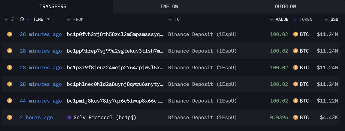 Solv Protocolの最近のBTC入金（Binance宛）
