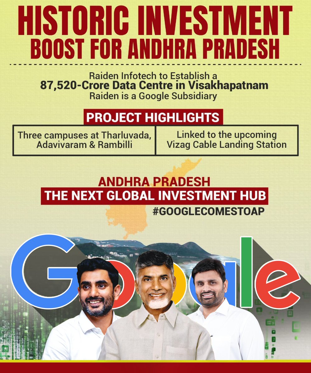 MaheshKumarOfc's tweet image. Andhra Pradesh, the Forefront of Technological Advancement The state-of-the-art #GoogleDataCenter in Vizag is more than just infrastructure. It’s a gateway to the state&apos;s golden future, opening doors for young talent to step into the world of artificial intelligence, data…