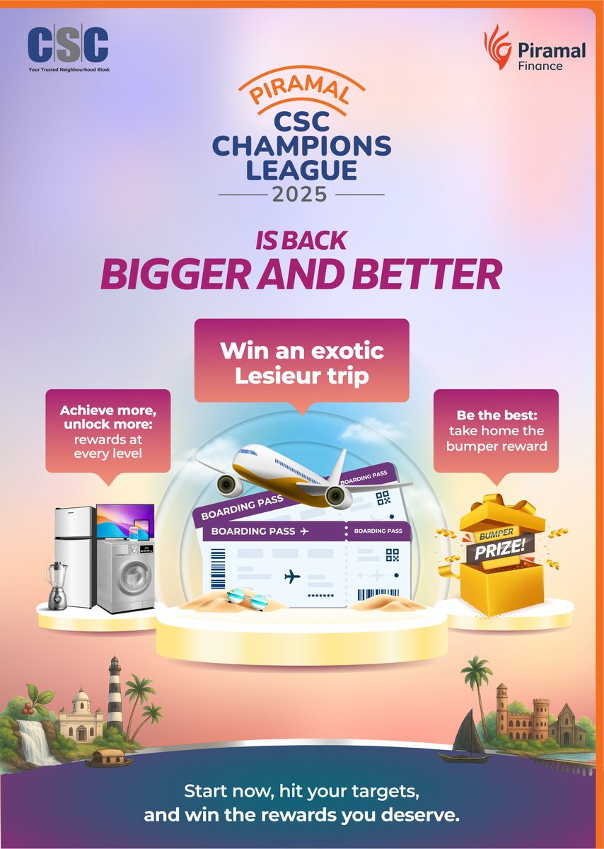 CSCegov_'s tweet image. Piramal Finance - CSC Champions League 2025 is back!!
This time it is even bigger and better...
Get a chance to win a Domestic Trip.
For more details, visit: cscloanbazar.in
For any queries, write to loanbazar@csc.gov.in
#CSC #DigitalIndia #PiramalMicroLAPLoan…