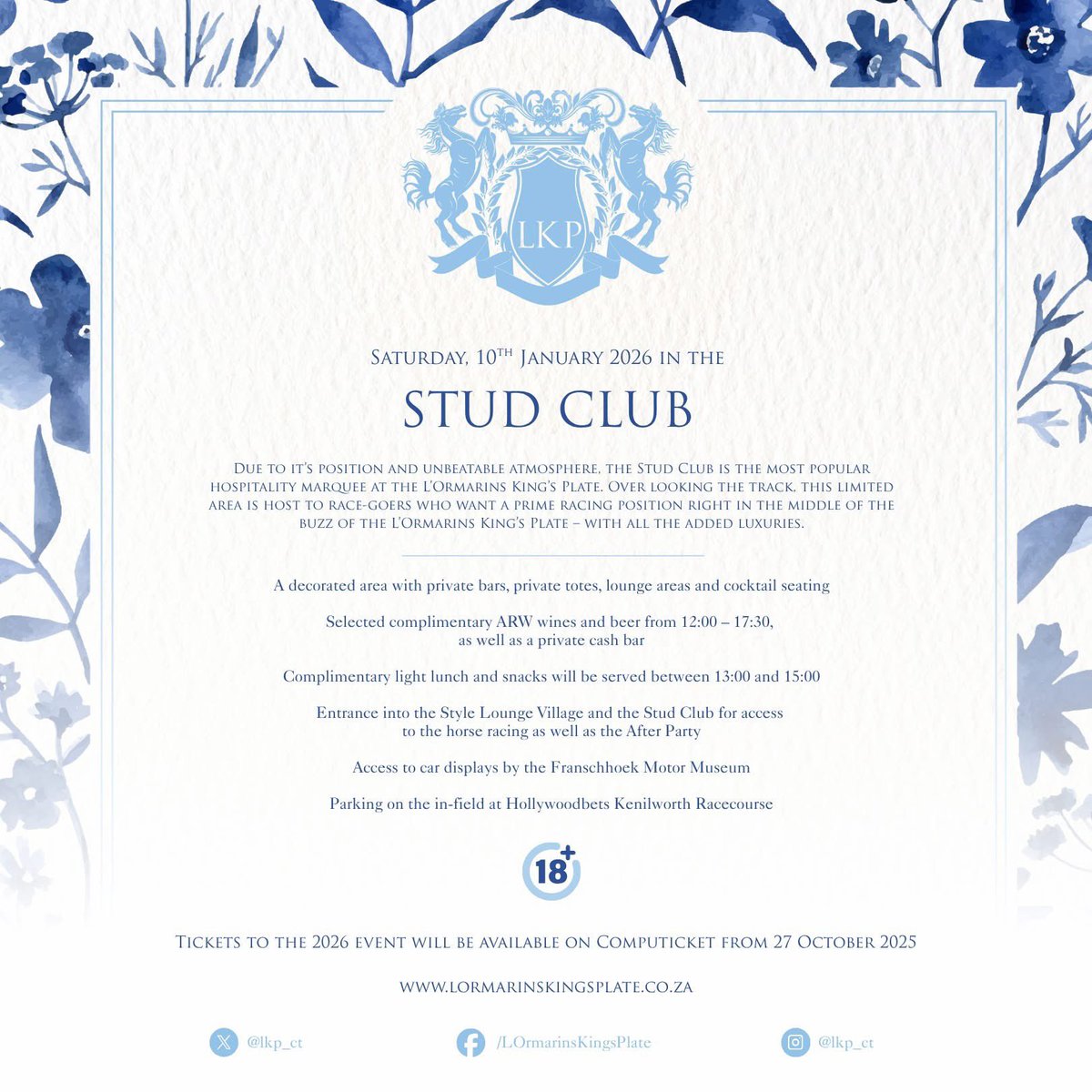Join us in the popular Stud Club on Saturday, 10th of Jan 🏇

For R1,800 per ticket, enjoy your day from a private tented area set along the rails, private cash bars and a substantial grazing table.

More info on our website.  Tickets go live on Computicket on 27 October 🎟️

#LKP