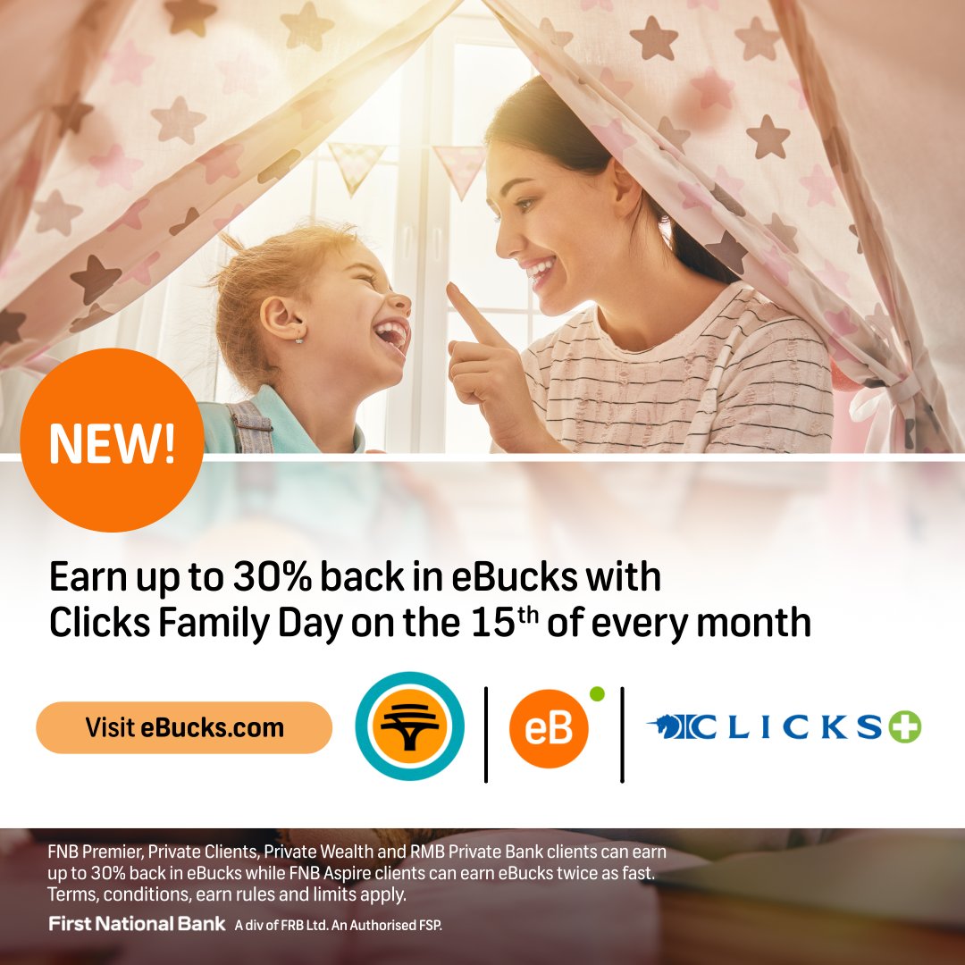 Clicks_SA's tweet image. Want double eBucks? Here’s how! 💙 

Add your family’s FNB accounts on your app. 

Shop at Clicks on the 15th of every month and earn up to 30% back in eBucks. -&amp;gt; bit.ly/3WG7yKU

#Clicks #ClicksLoyalty #FNB #EarnDouble