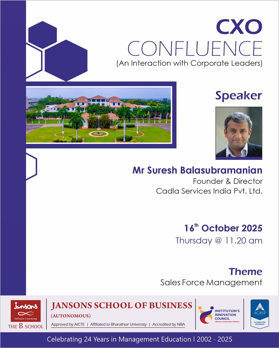 jansonsbschool's tweet image. JSB is set to host a CXOConfluence on &apos;Sales Force Management&apos;.
We are delighted to welcome Mr Suresh Balasubramanian, Founder &amp;amp; Director of Cadla Services India Pvt Ltd., to share his valuable perspectives.

#JSB #CXOConfluence #SalesForceManagement #MBA #IndustryConnect