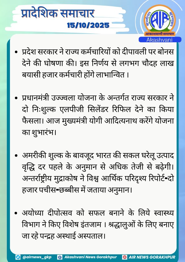 airnews_gkp's tweet image. प्रादेशिक समाचार (15.10.2025)

#UPGovernment #DiwaliBonus #StateEmployees #UjjwalaYojana #LPGRefill #UPCM #EconomicGrowth #IMFReport #IndianEconomy #AyodhyaDeepotsav #HealthDepartment
