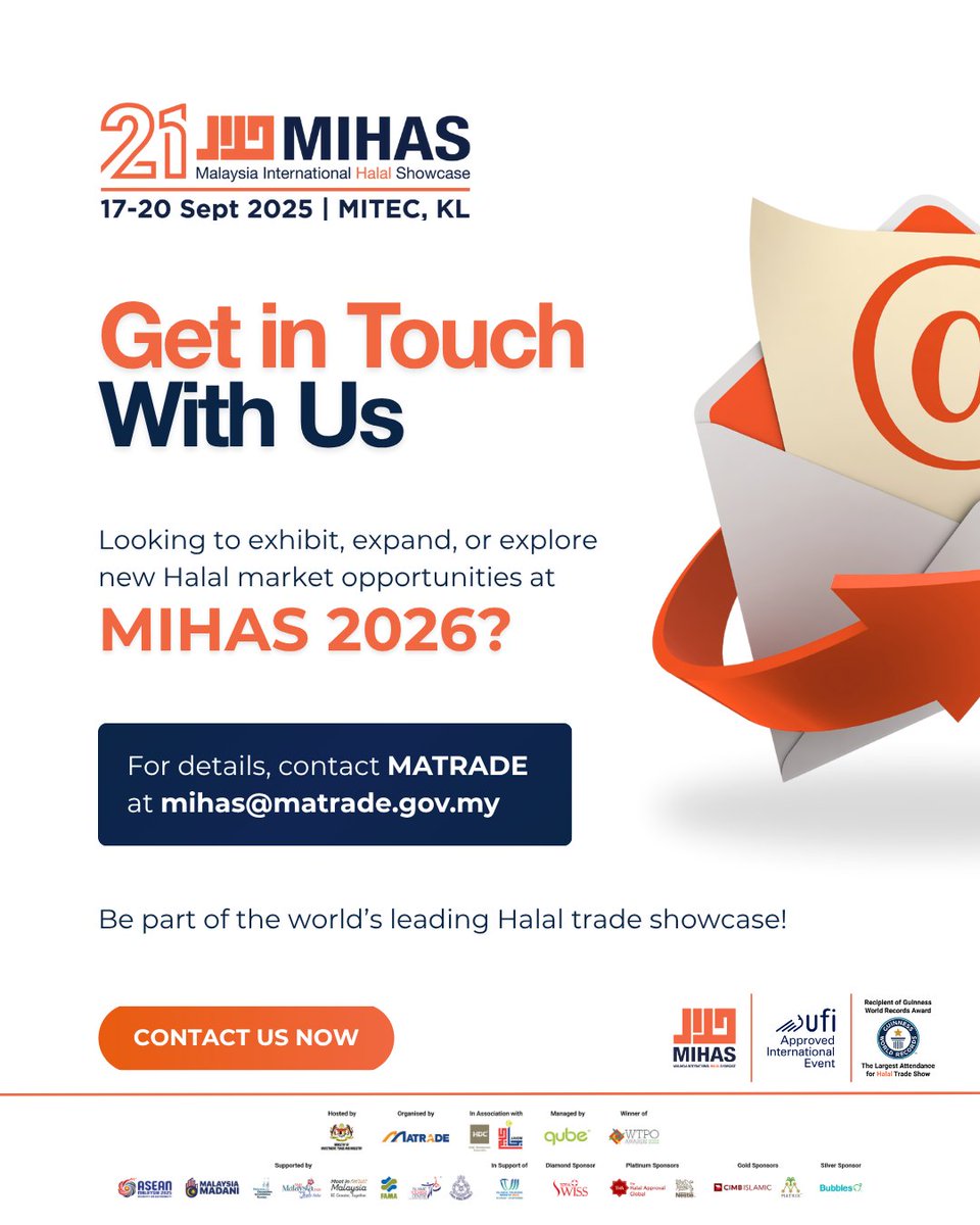 mihas_malaysia's tweet image. Are you ready to grow your Halal business and connect with international buyers?

Take the next step at MIHAS 2026. 

For participation and exhibition details, contact MATRADE at mihas@matrade.gov.my 

#ThinkHalalThinkMIHAS #MATRADE #MIHAS2026 #MIHAS