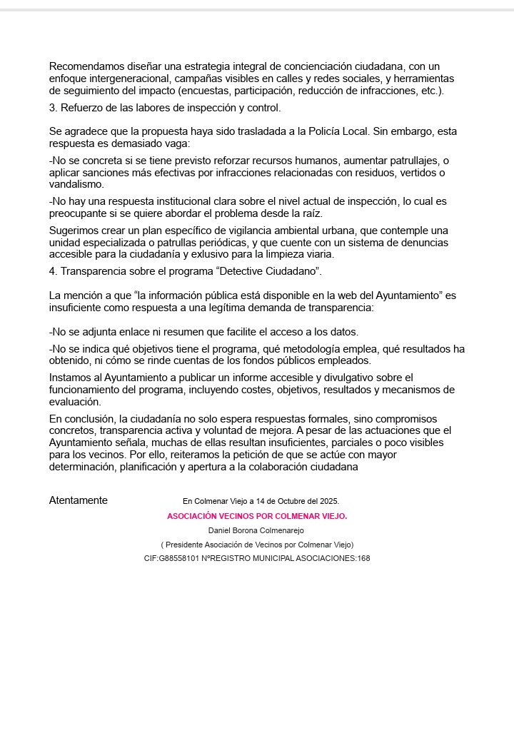 Se necesitan acciones y no promesas y respuestas vagas. Así respondemos a la Concejalía de Medio Ambiente de #ColmenarViejo. Ante la respuesta recibida a nuestras peticiones para solucionar el problema de incivismo y limpieza viaria en nuestras calles.