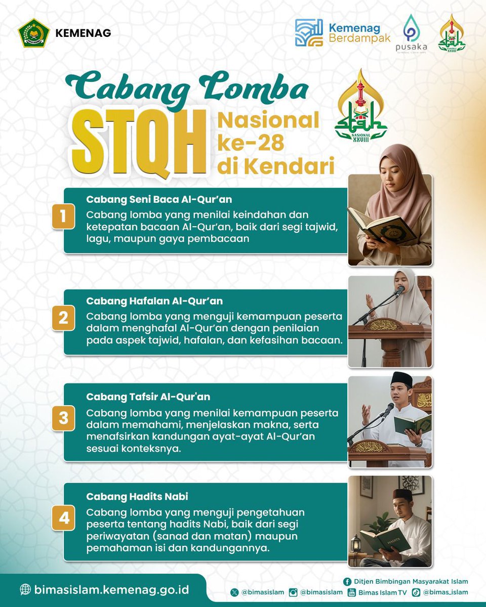 BimasIslam's tweet photo. Udah pada tahu belum, cabang lomba apa aja di STQH Nasional ke-28 tahun ini? 🤔
Langsung cus cek infonya di flyer ya!
#kemenag #bimasislam #sahabatreligi #stq #kendari #quran #hadits https://t.co/dF1CPQJAhE