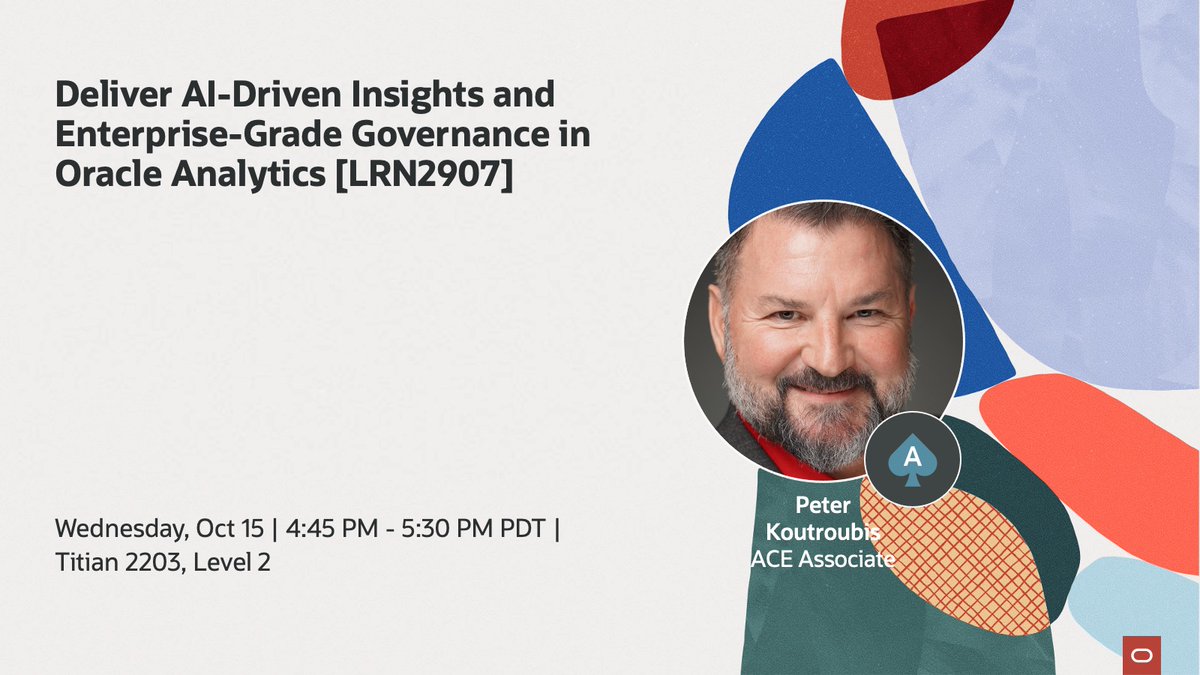 oracleace's tweet image. Want to empower your business teams without sacrificing control?
Don’t miss Deliver AI-Driven Insights and Enterprise-Grade Governance in Oracle Analytics [LRN2907] at Oracle AI World! 

Join Oracle ACE Associate @PeterKoutroubis, experts from FayPWC, and Oracle product leaders…