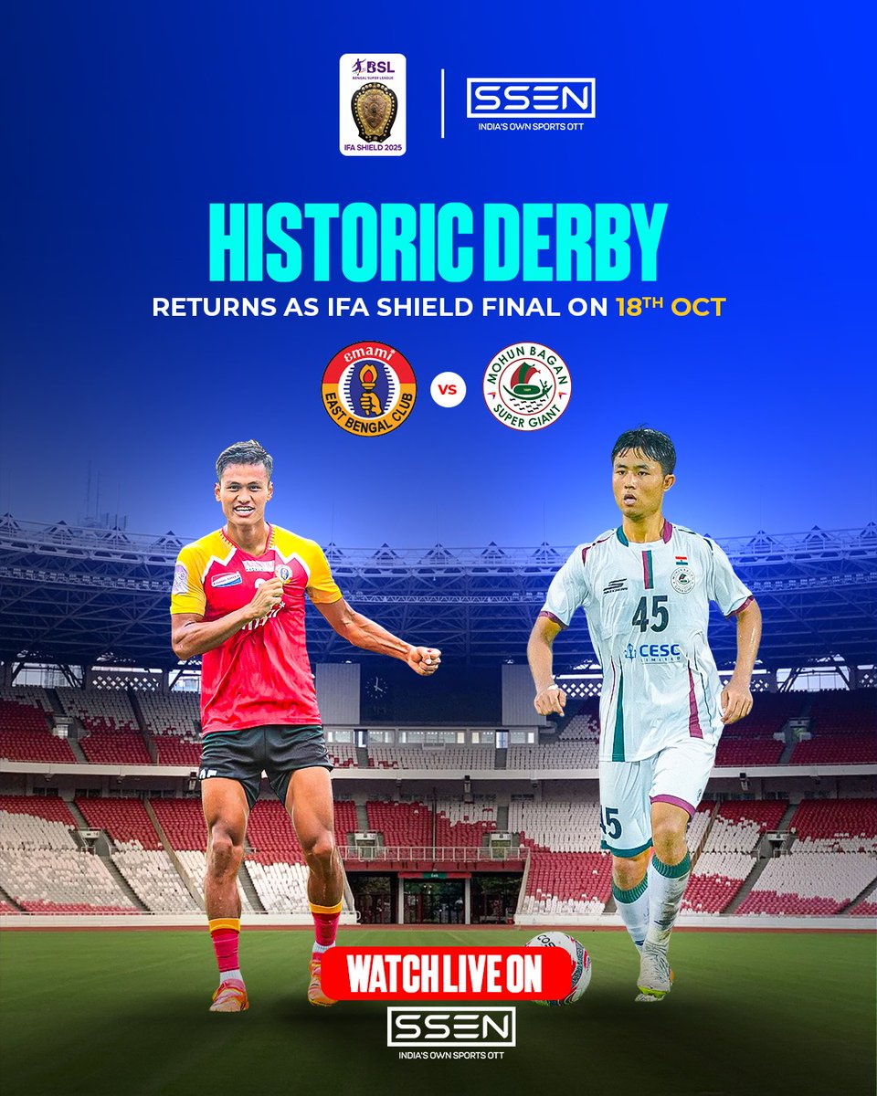 ssen_co's tweet photo. ๐ฅ Derby Day Drama!
The century-old rivalry meets in the IFA Shield Final. History awaits!
#IFAShield #DerbyFinal #KolkataDerby #FootballLegacy #SSEN https://t.co/dgq5ifEK7v