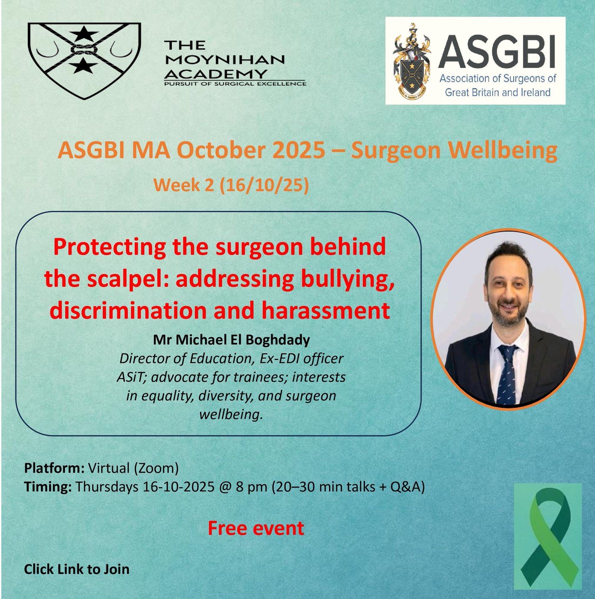 💬 Tomorrow 8PM (UK) join us for Week 2 of Surgeon Wellbeing Month with Mr Michael El Boghdady

🗣 Anti-Bullying, Discrimination &amp; Harassment Guidance

💻 Zoom (Free &amp; open to all)
🔗 us04web.zoom.us/j/76560513747?…

🔑 wellbeing

#ASGBIMA #SurgeonWellbeing