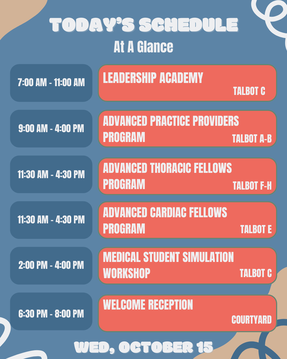 ECTSS_CTsurg's tweet photo. Today is the day! Here is a quick look at today's schedule for the Annual Meeting - we hope to see you all at tonight's Welcome Reception! Remember to TAG US in all of your posts and use #ECTSS2025 #ectss #cardiac #thoracic #congenital #cardiothoracic #ctsurgery #ctsurg https://t.co/CZisnlCu1l