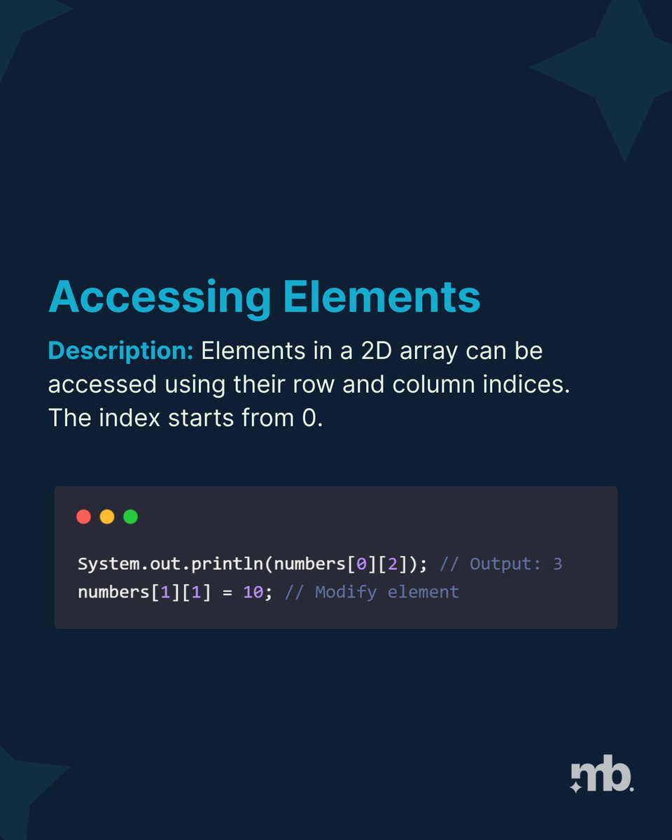 master_backend's tweet image. Unlock the power of 2D Arrays in Java — learn how to access and traverse elements efficiently with just a few lines of code!
#JavaDeveloper #CodingInJava #JavaProgramming #CodeNewbie #MasteringBackend