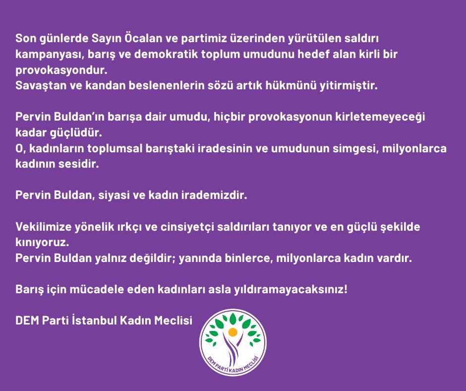 Pervin Buldan, milyonlarca kadının sesi ve barış umududur.
Irkçı, cinsiyetçi saldırılar karşısında asla yalnız değildir.
Barış için mücadele eden kadınları yıldıramazsınız!
#JinJiyanAzadî ✌️