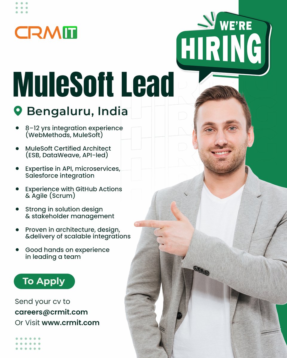 crmitsolutions's tweet image. 💼 We’re hiring a #MuleSoft Lead in Bengaluru !

If you’re skilled in APIs, integrations, and solution design — we want you on our team.

📍 Bengaluru, India
📧 careers@crmit.com
🌐Visit 👉 crmit.com

#MuleSoft #Hiring #Integration #TechJobs #CRMIT #Salesforce