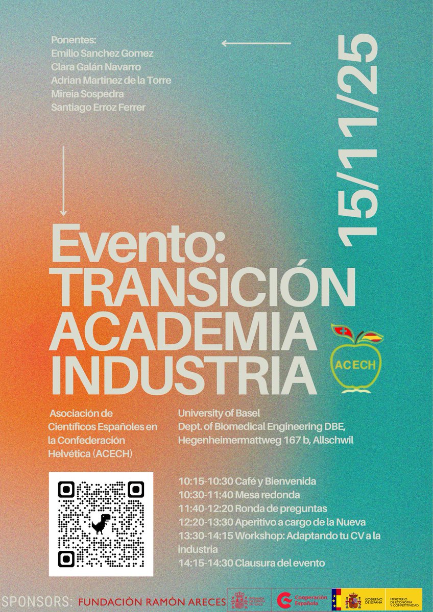 📢Este sábado en Allschwil: Evento Transición Academia – Industria ACECH en Basilea. Una cita clave para investigadores, estudiantes y profesionales, con ponencias, mesas redondas y espacios de networking.

📅15.11.2025
📍 Uni. Basel, DBE, Allschwil
ℹ️acech.ch/event/evento-t…